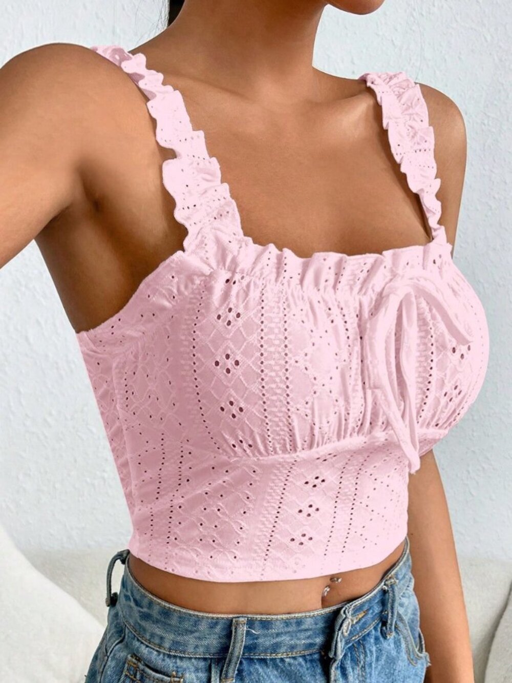 Pink Casual Women's Eyelet Embroidery Frill Trim Tie Detail Wide Strap Cami Top - Picture 4 of 4